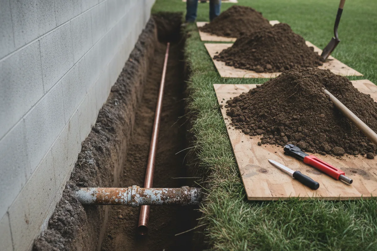 Excavated water line trench during Water Heater Repair in Pikeville